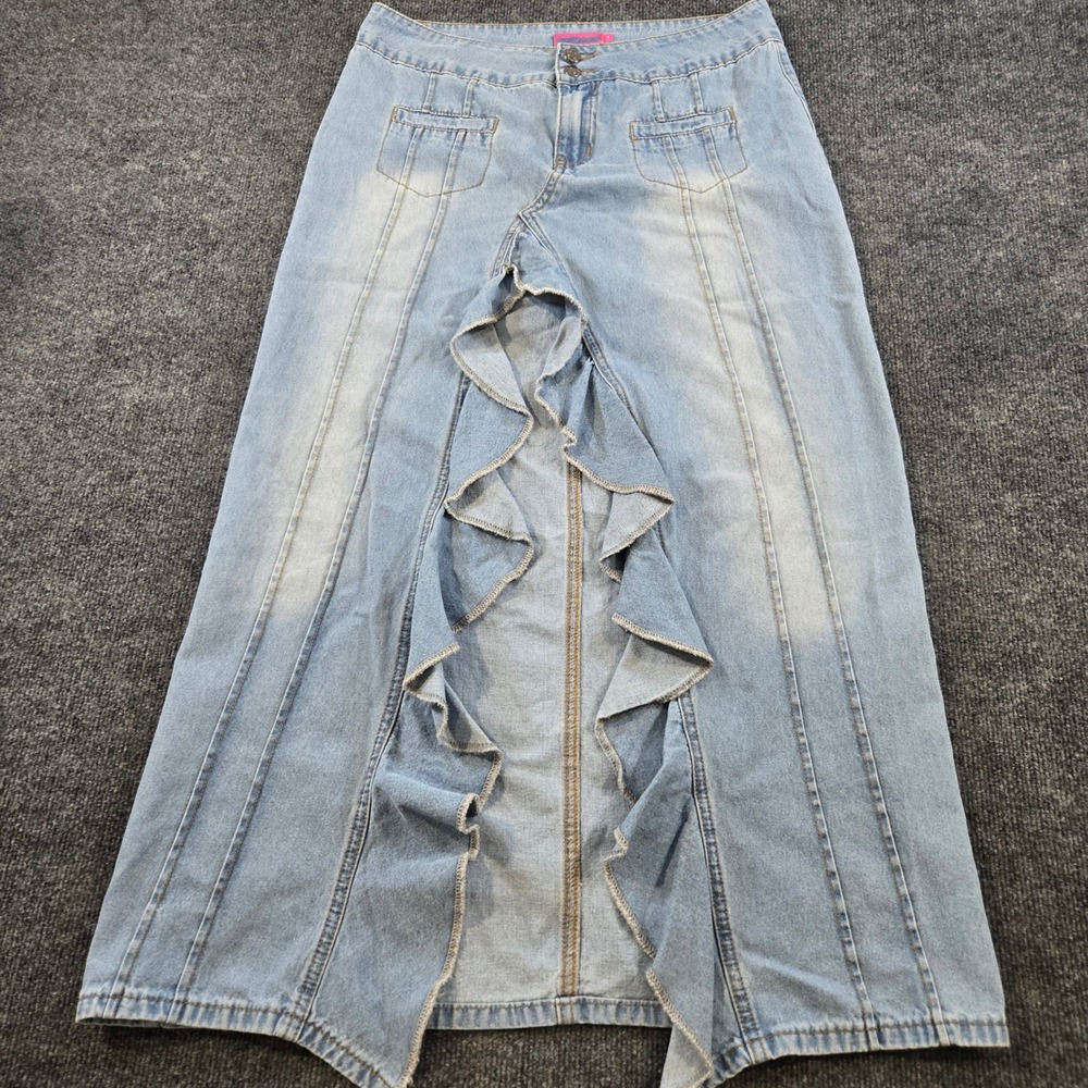 Edikted Valencia Denim Maxi Skirt Ruffle Front Slit Western Boho Festival Y2K M